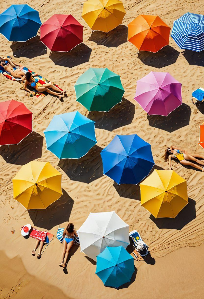 A vibrant beach scene showcasing diverse models wearing the latest stylish bikinis and beachwear trends. Include colorful beach umbrellas, playful waves, and sun-soaked sand in the background. Capture a sense of fun, fashion, and summer joy, with sunlight glistening on the water. super-realistic. vibrant colors. 3D.