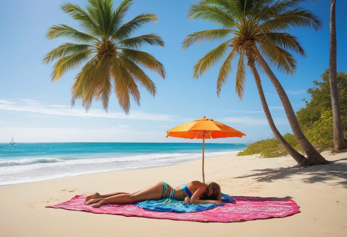 A vibrant beach scene showcasing diverse individuals in trendy swimwear, with sunbathers lounging on colorful towels, children playing in the sand, and tropical palm trees swaying in the background. The image should capture the essence of summer with bright sunshine, sparkling ocean waves, and stylish beach accessories like sunglasses and hats. Add a cheerful vibe with a beach ball and a surfboard. super-realistic. vibrant colors. tropical theme.