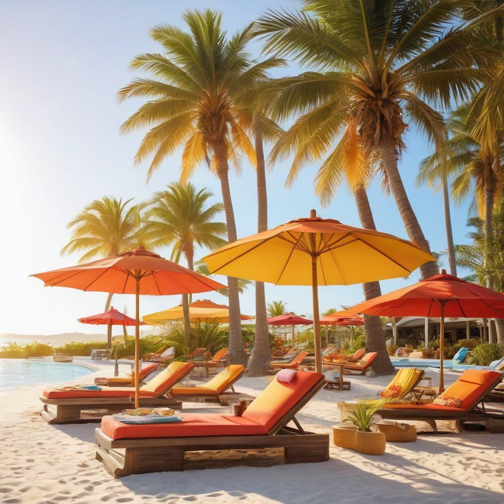 A vibrant beach scene showcasing a diverse group of sun seekers in stylish beachwear, lounging by a luxurious poolside that transitions into a sandy beach. Include colorful umbrellas, beach towels, and refreshing drinks to enhance the atmosphere. Capture the sunny vibe with palm trees swaying in the background and sparkling water reflecting sun rays. vibrant colors. tropical theme. super-realistic.